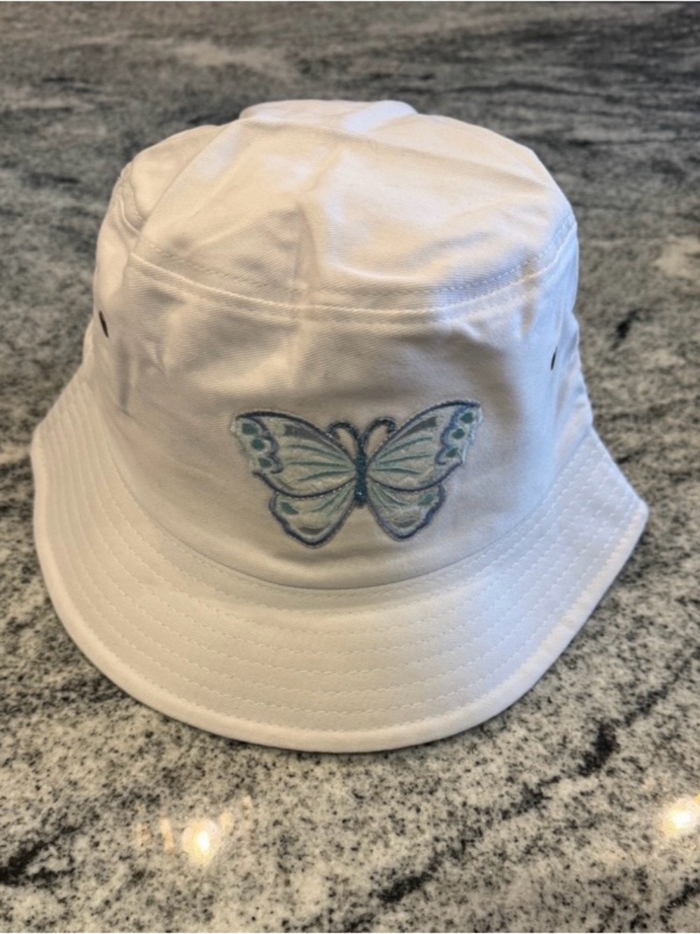 New Custom Designed White Bucket Hat with Embroidered Butterfly, Adjustable